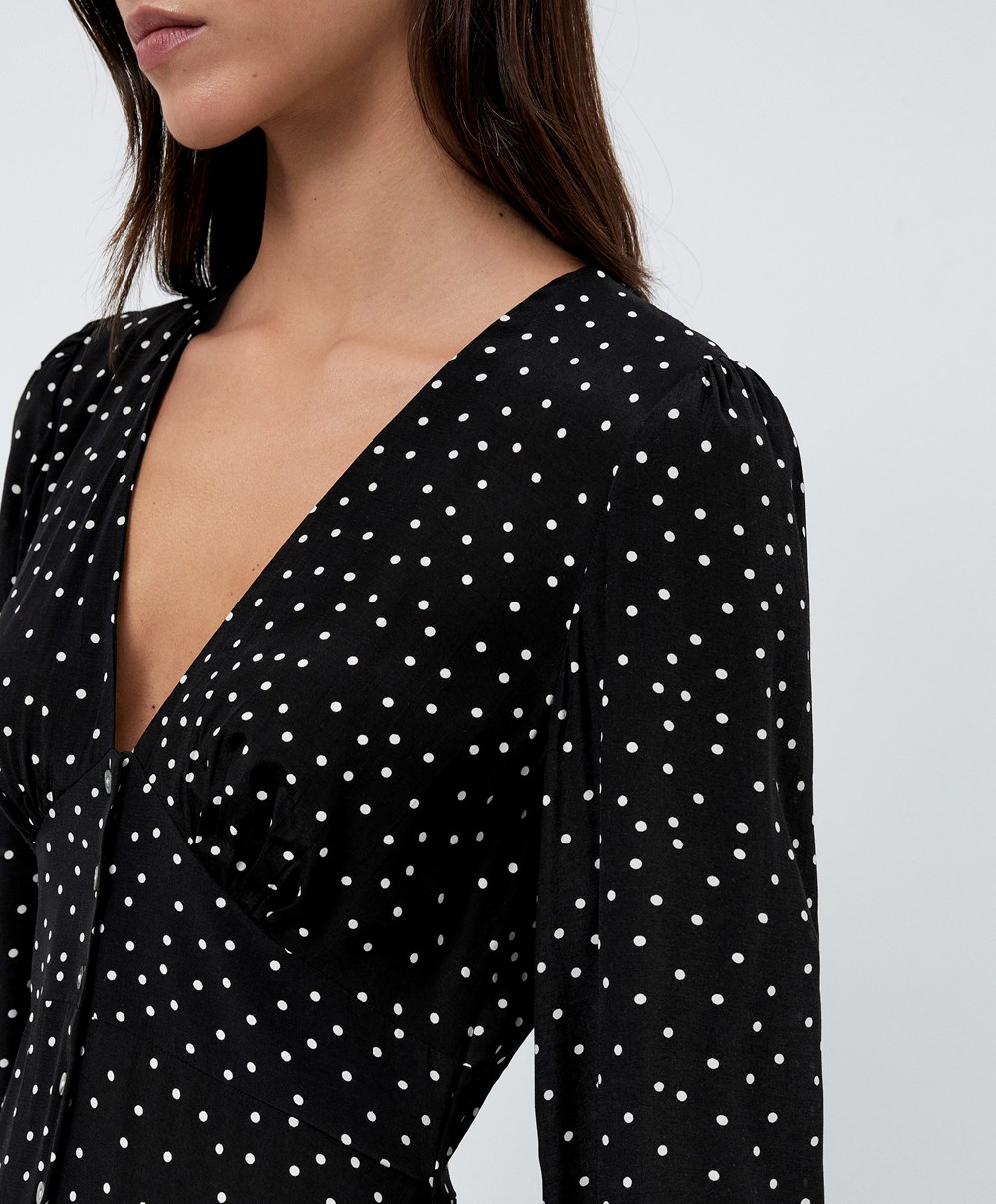 Oysho Dotted Long-sleeved Long Ruha Fekete | MKVPCI-206