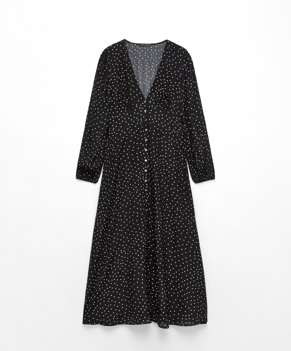 Oysho Dotted Long-sleeved Long Ruha Fekete | MKVPCI-206