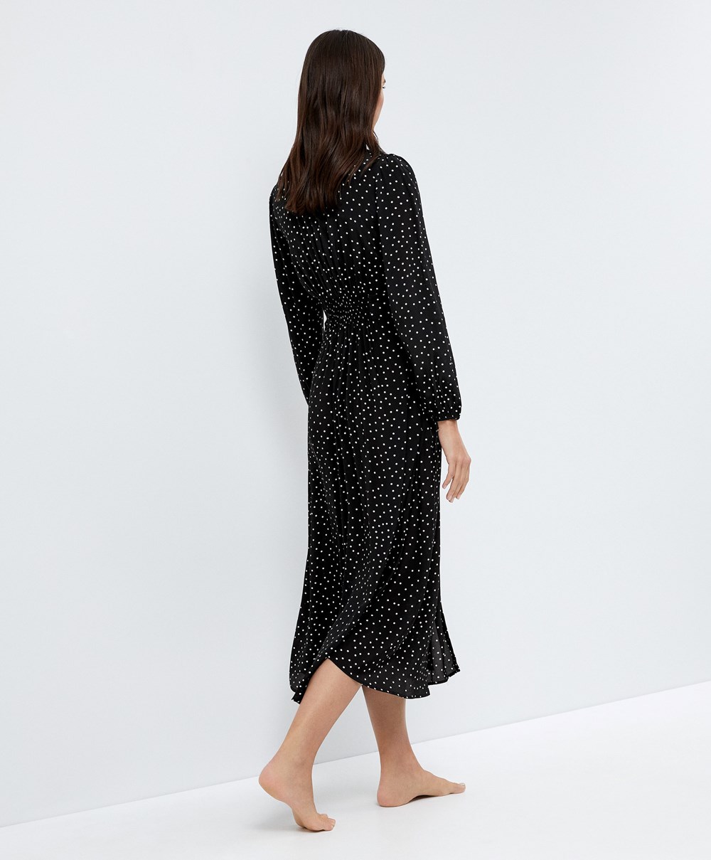 Oysho Dotted Long-sleeved Long Ruha Fekete | YPINEL-812