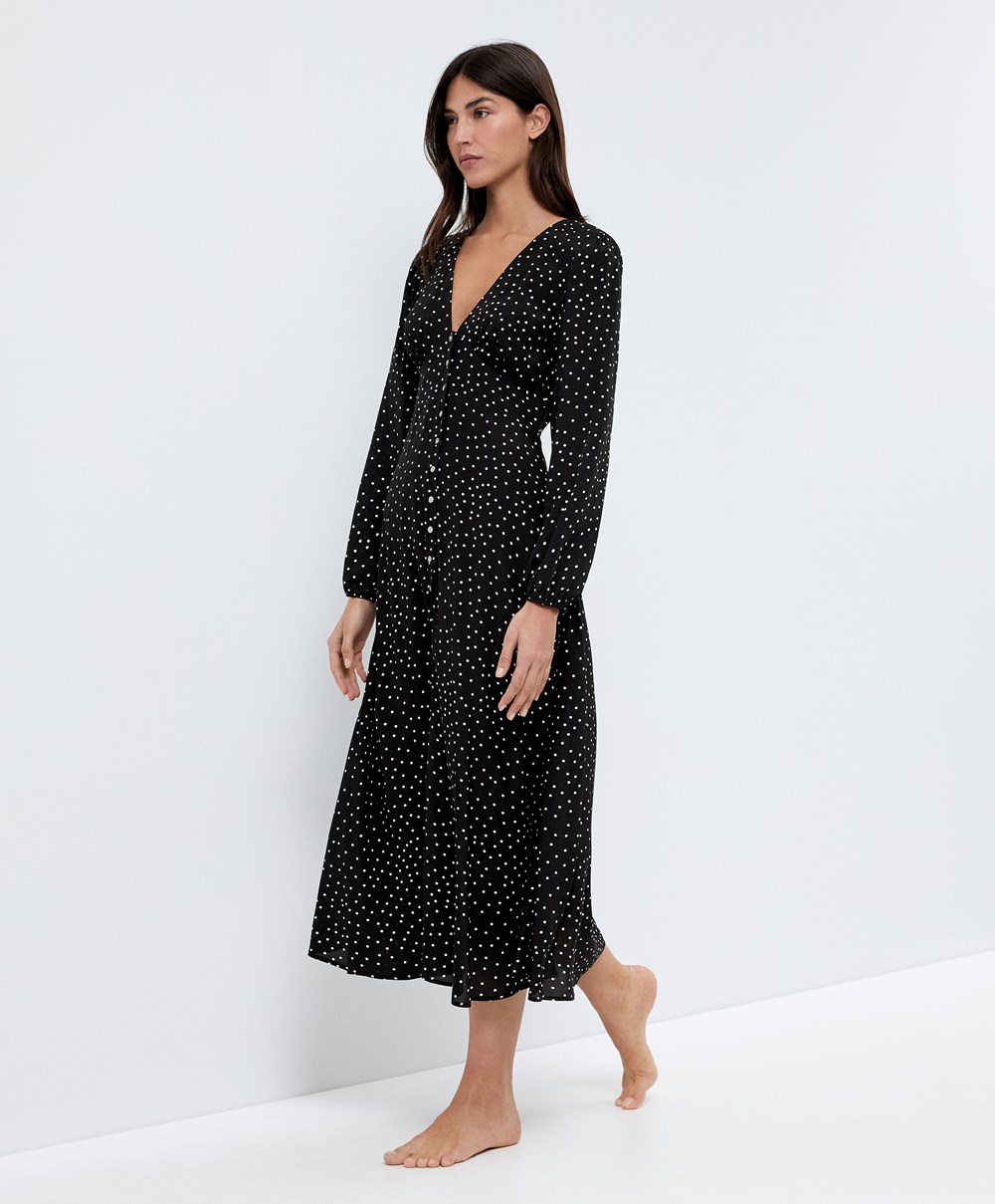 Oysho Dotted Long-sleeved Long Ruha Fekete | YPINEL-812