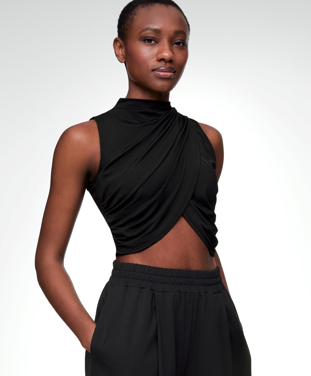 Oysho Draped Crop Top Fekete | ARIVLU-347