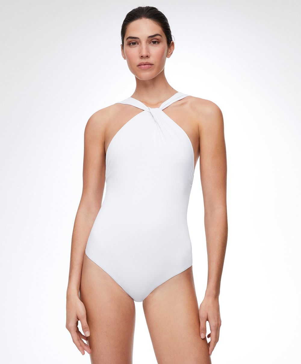 Oysho Draped Halter Swimsuit Fehér | ZKMHXT-498