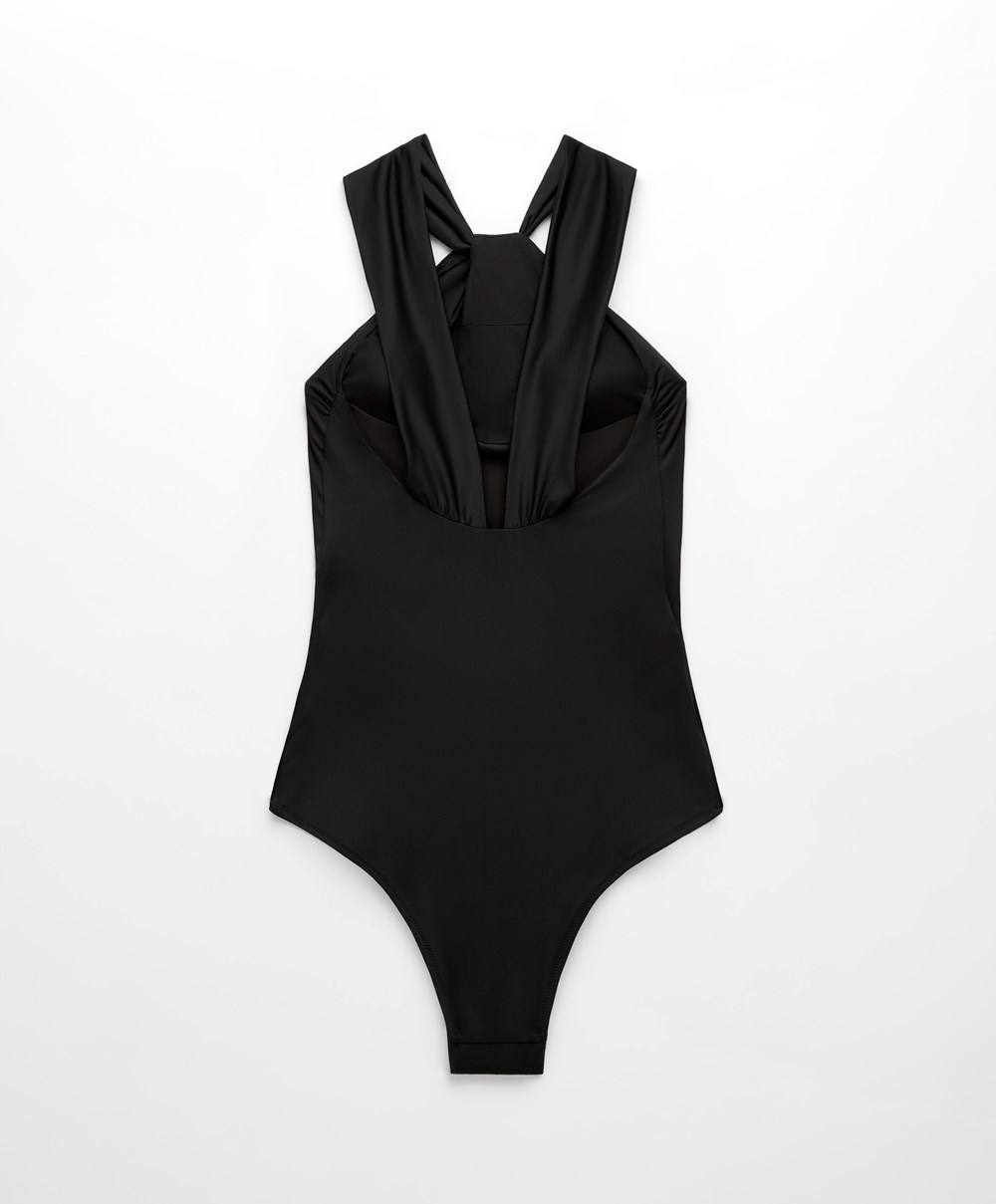 Oysho Draped Halter Swimsuit Fekete | OETVHY-934