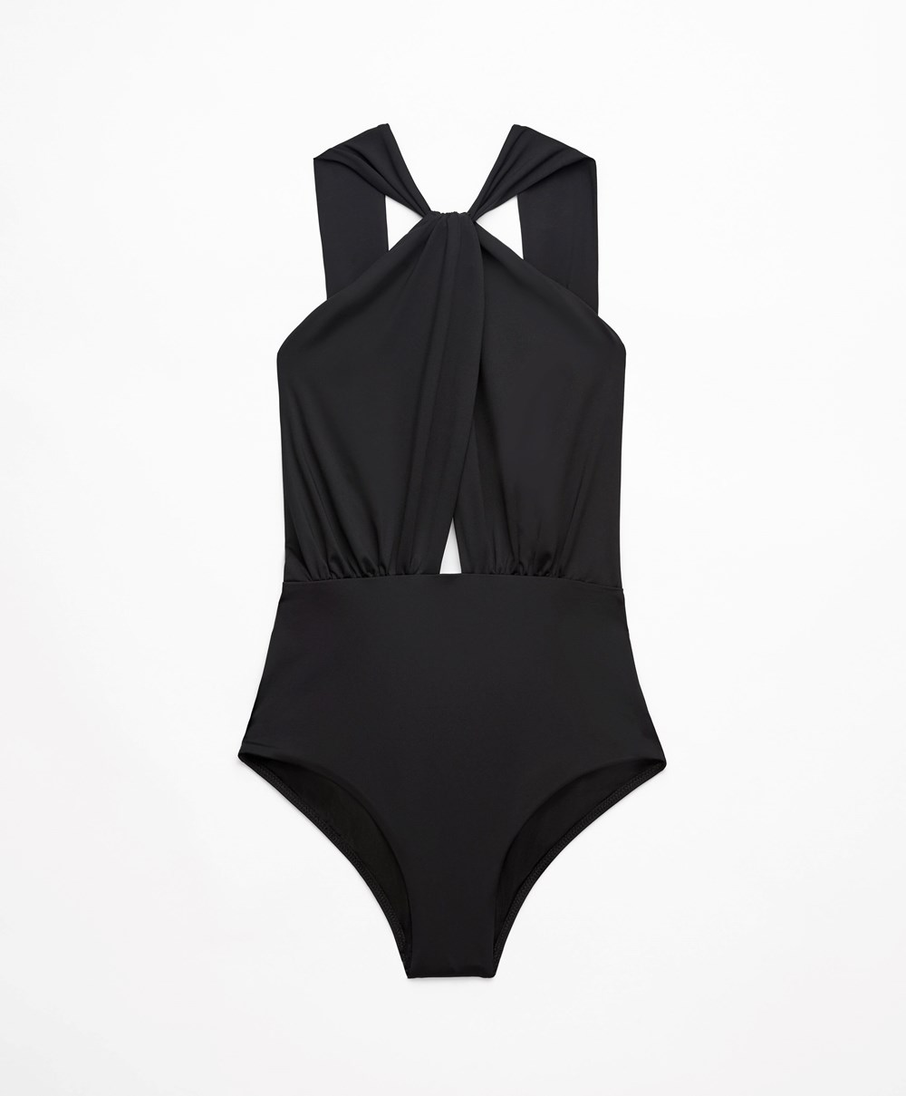 Oysho Draped Halter Swimsuit Fekete | VPGEFY-496