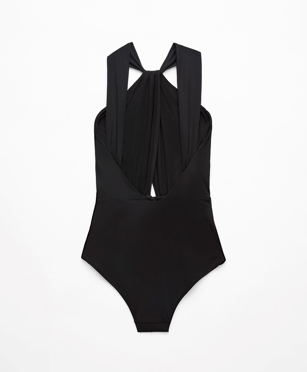 Oysho Draped Halter Swimsuit Fekete | VPGEFY-496