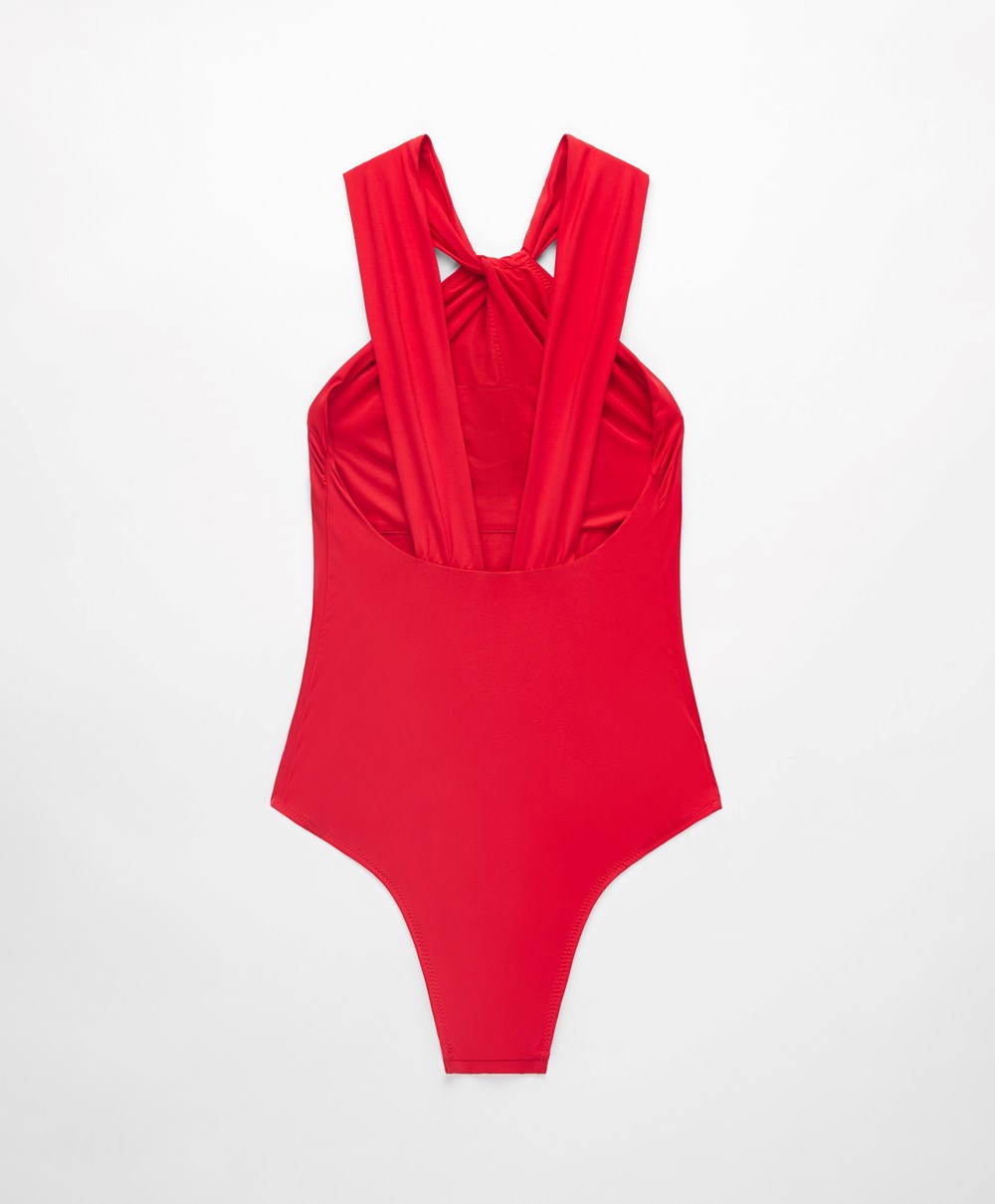 Oysho Draped Halter Swimsuit Piros | JZUPFO-176