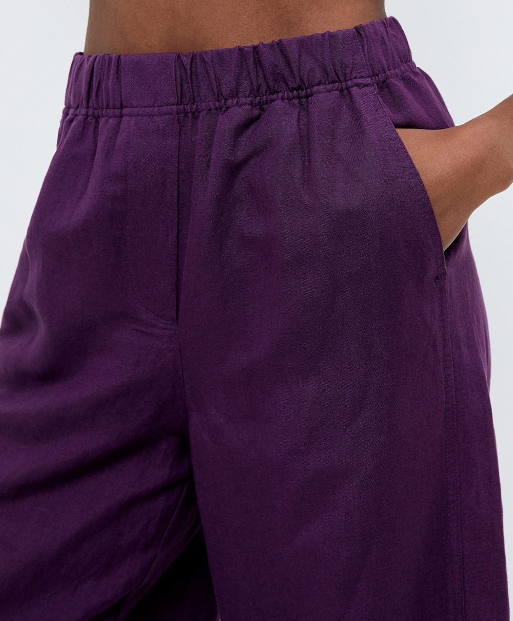 Oysho Egyenes Cut Linen Trousers Plum | ZPIRUB-395