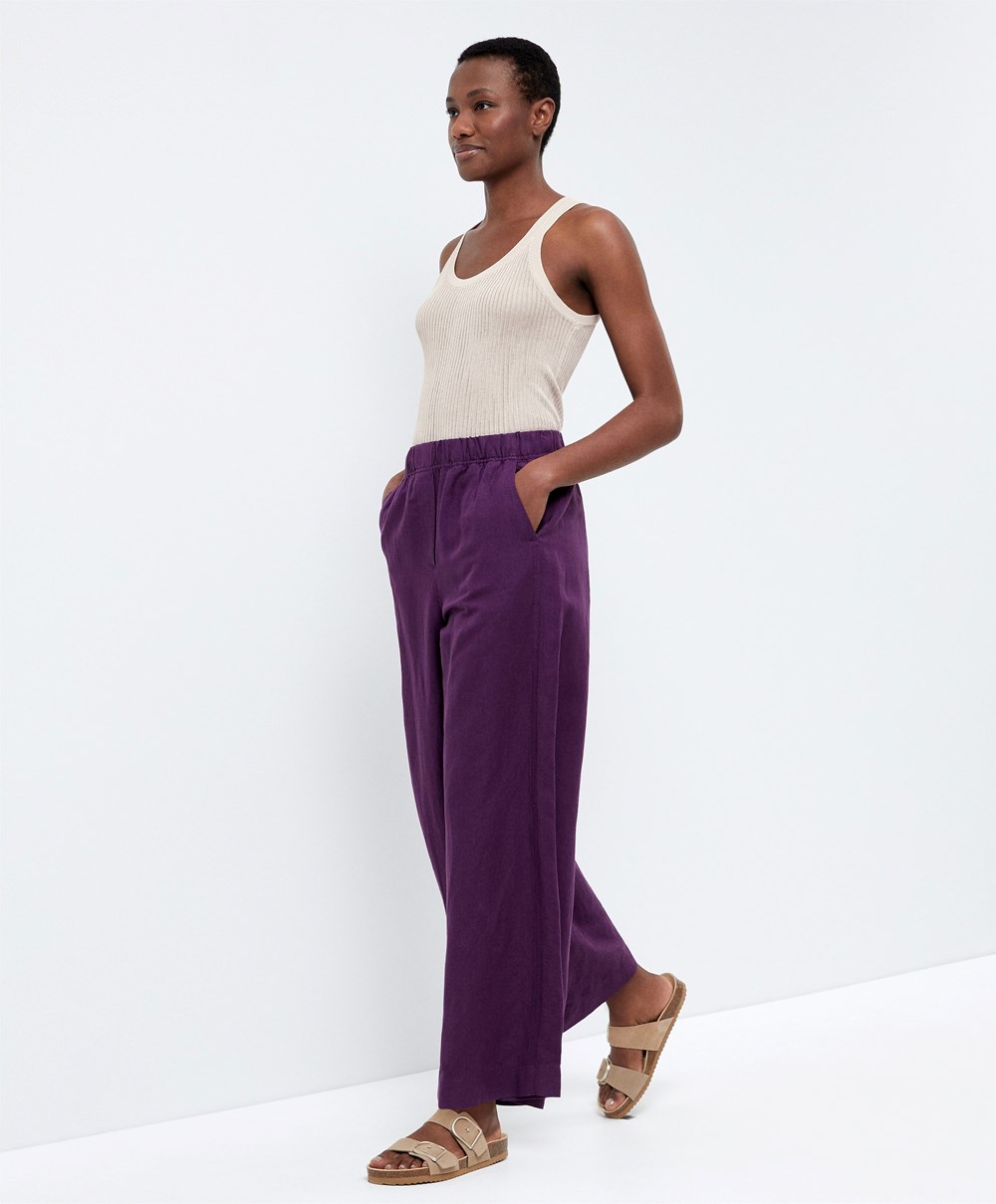 Oysho Egyenes Cut Linen Trousers Plum | ZPIRUB-395