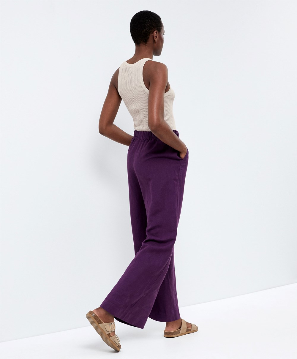 Oysho Egyenes Cut Linen Trousers Plum | ZPIRUB-395