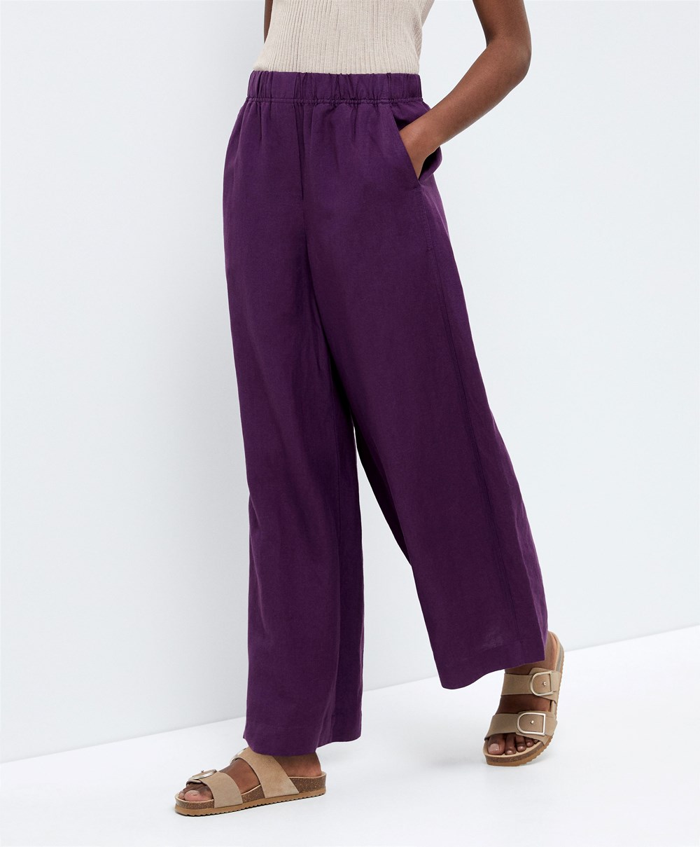 Oysho Egyenes Cut Linen Trousers Plum | ZPIRUB-395