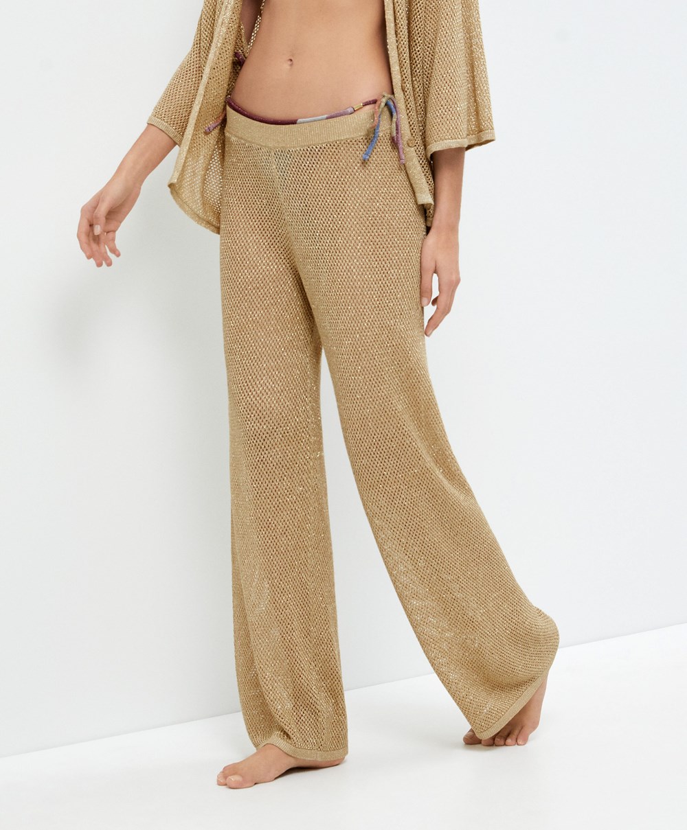 Oysho Egyenes Fit Knit Trousers Arany | WSMGTL-421