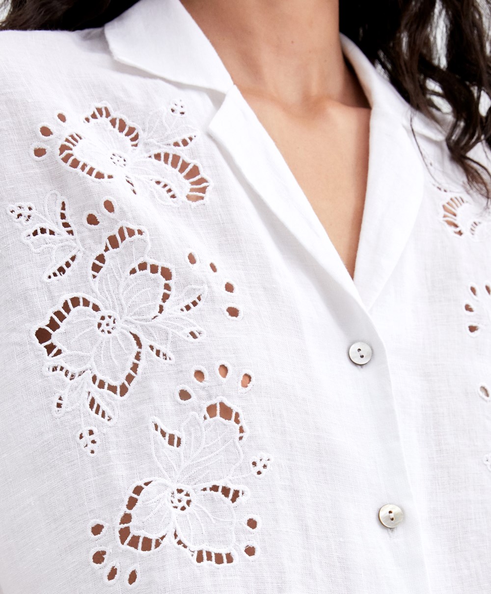 Oysho Embroidered 100% Linen Rövid-sleeved Shirt Fehér | MPHIJV-632