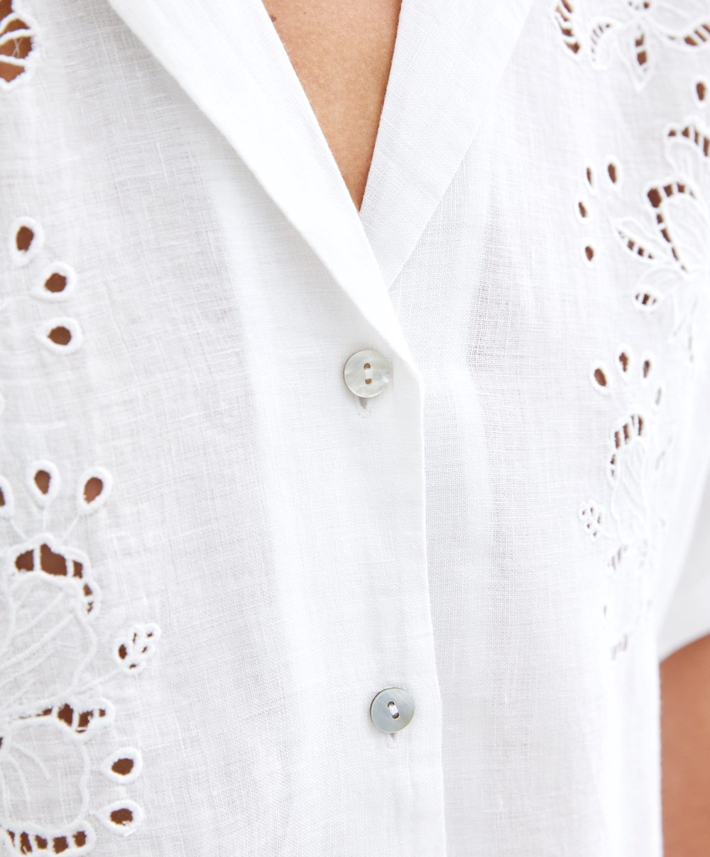 Oysho Embroidered 100% Linen Rövid-sleeved Shirt Fehér | MPHIJV-632