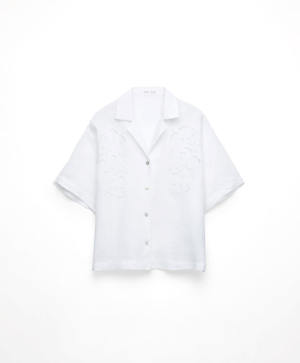 Oysho Embroidered 100% Linen Rövid-sleeved Shirt Fehér | MPHIJV-632