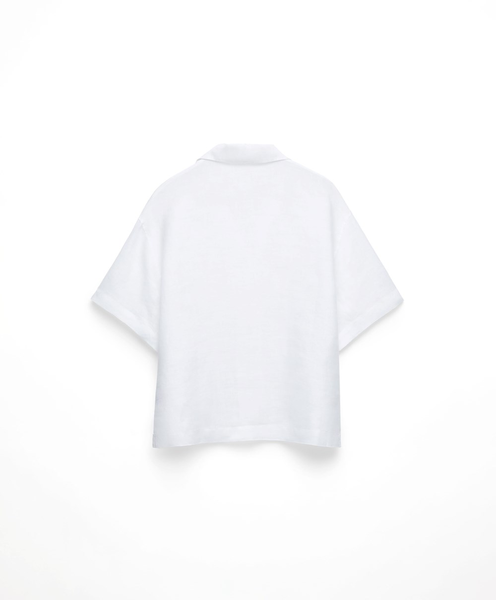 Oysho Embroidered 100% Linen Rövid-sleeved Shirt Fehér | MPHIJV-632