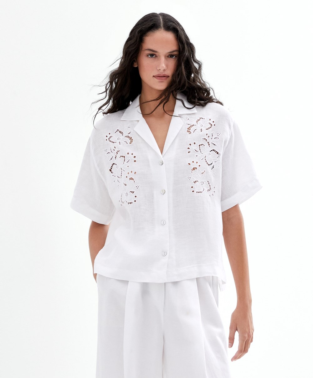 Oysho Embroidered 100% Linen Rövid-sleeved Shirt Fehér | MPHIJV-632