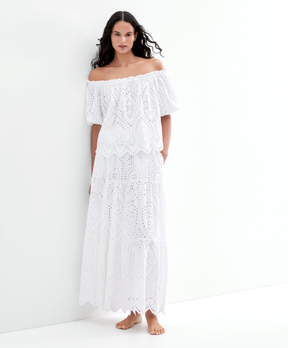 Oysho Embroidered 100% Pamut Off-shoulder Top Fehér | HLQVEF-206