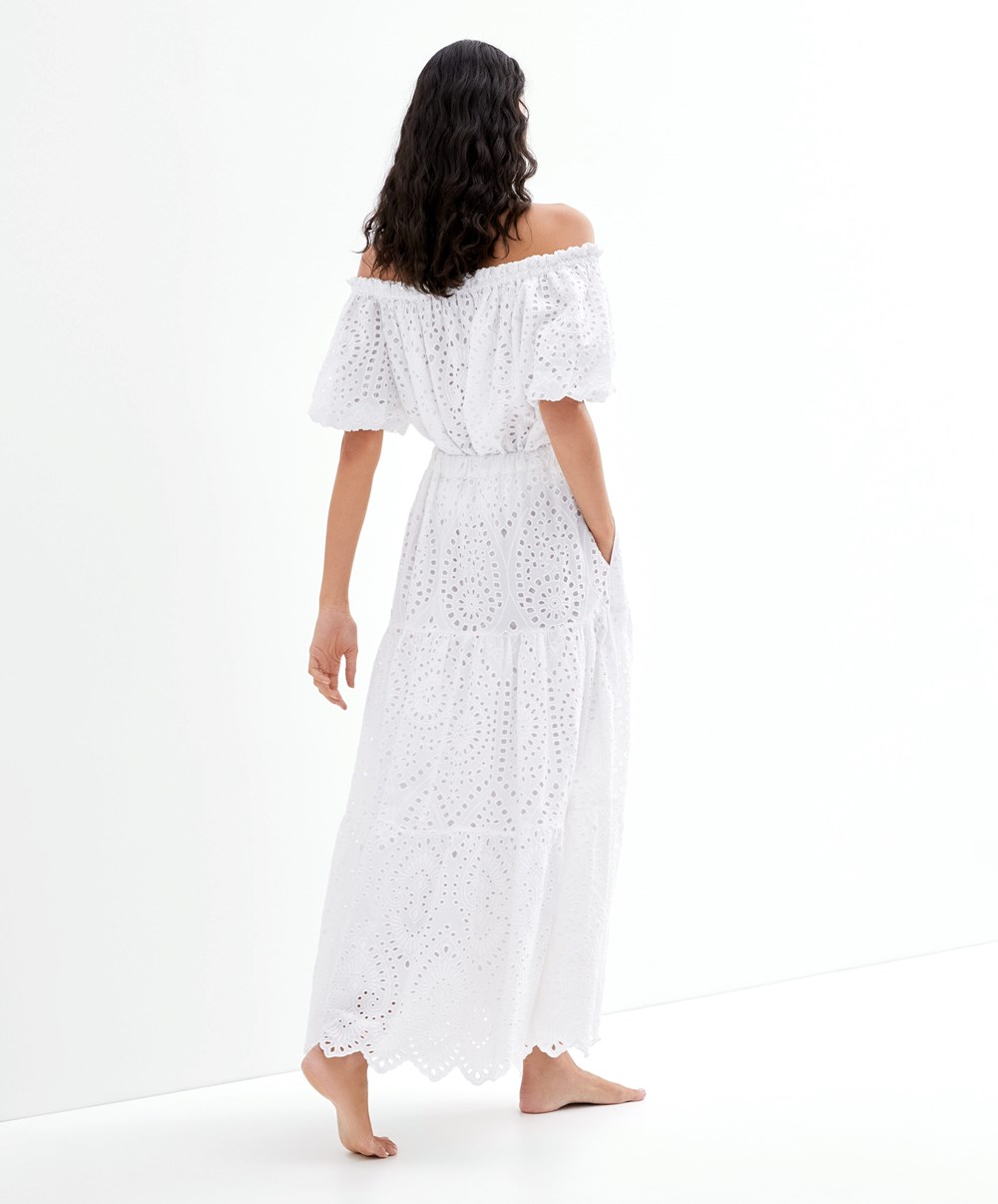 Oysho Embroidered 100% Pamut Off-shoulder Top Fehér | HLQVEF-206