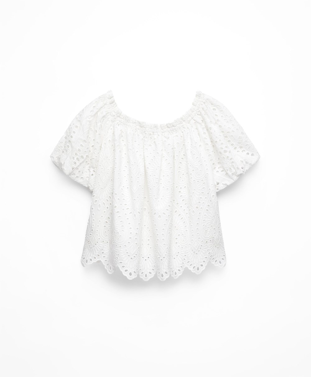 Oysho Embroidered 100% Pamut Off-shoulder Top Fehér | HLQVEF-206