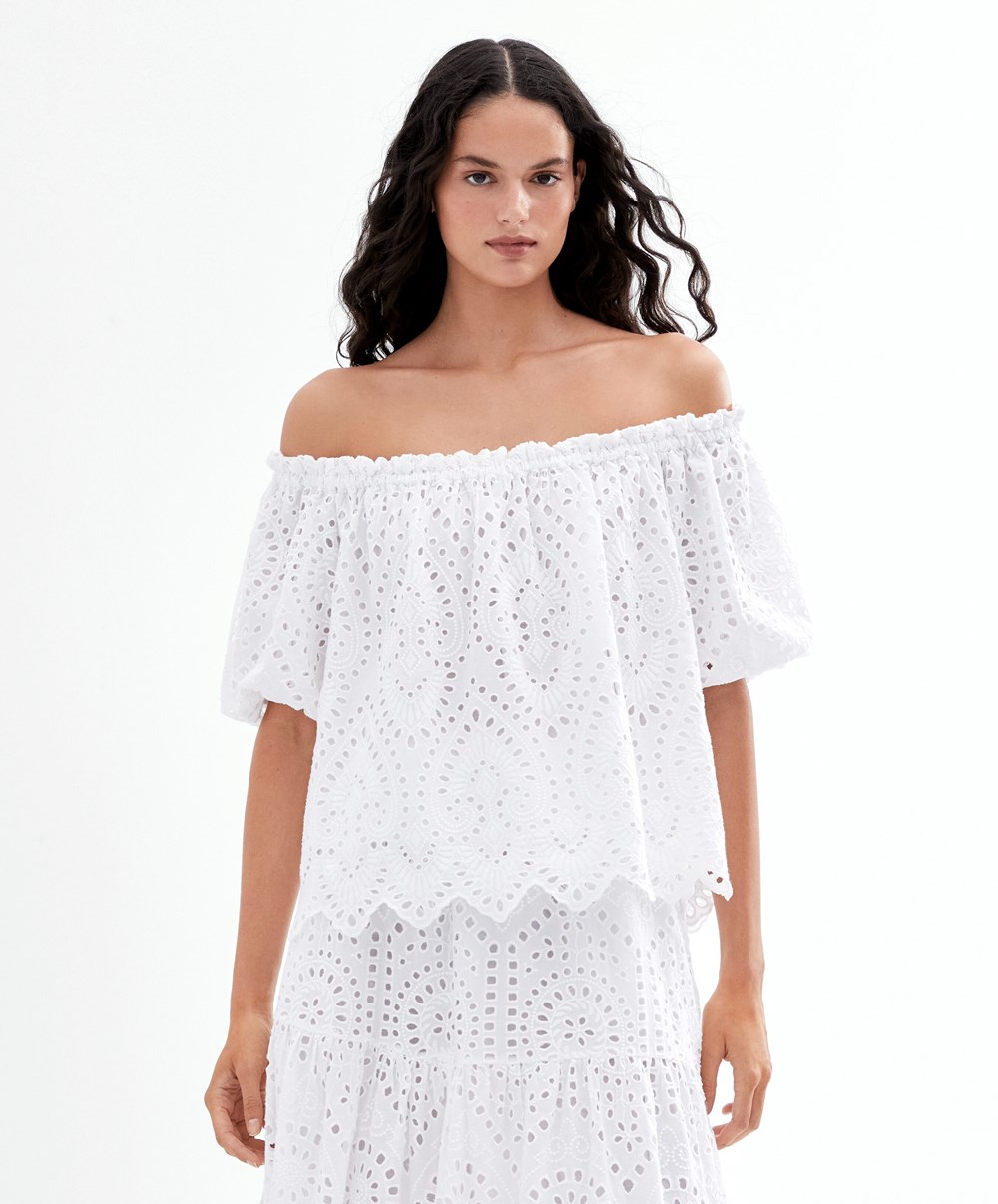 Oysho Embroidered 100% Pamut Off-shoulder Top Fehér | HLQVEF-206