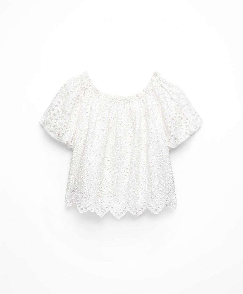 Oysho Embroidered 100% Pamut Off-shoulder Top Fehér | HOCUNL-205