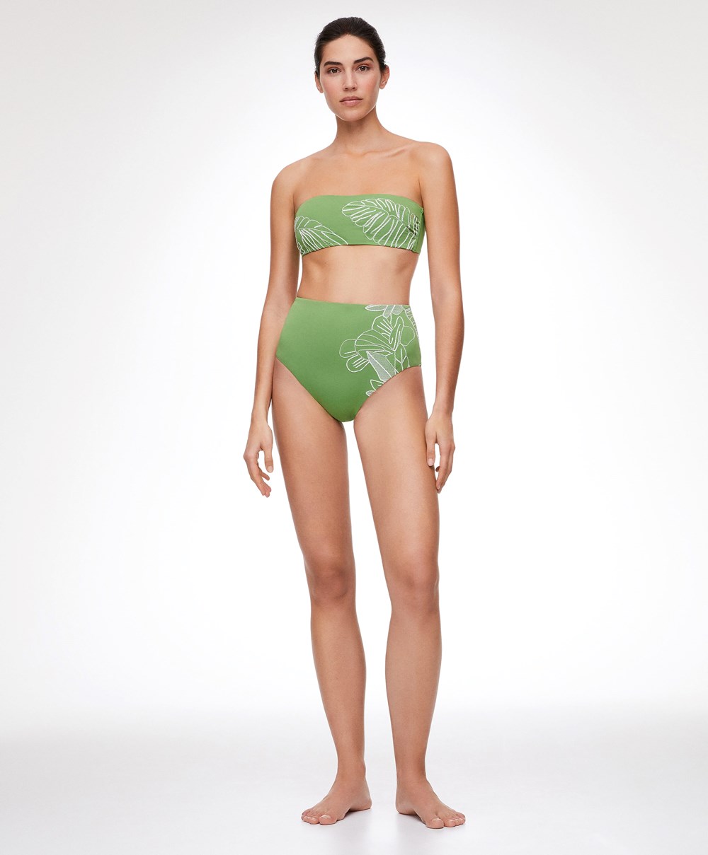 Oysho Embroidered Bandeau Bikini Top Zöld | MGIAZU-260