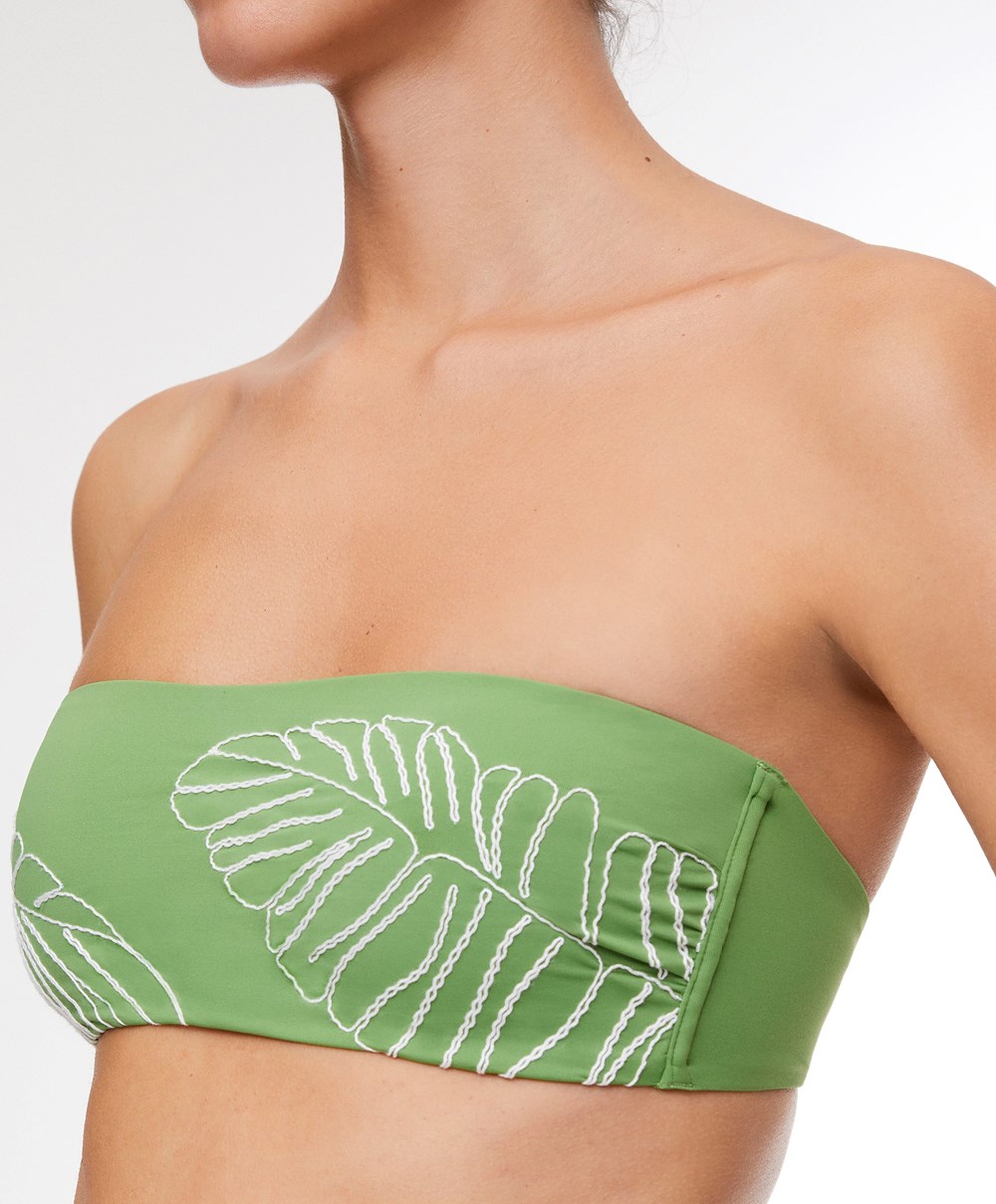 Oysho Embroidered Bandeau Bikini Top Zöld | MGIAZU-260