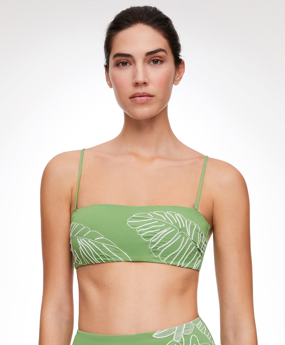 Oysho Embroidered Bandeau Bikini Top Zöld | MGIAZU-260