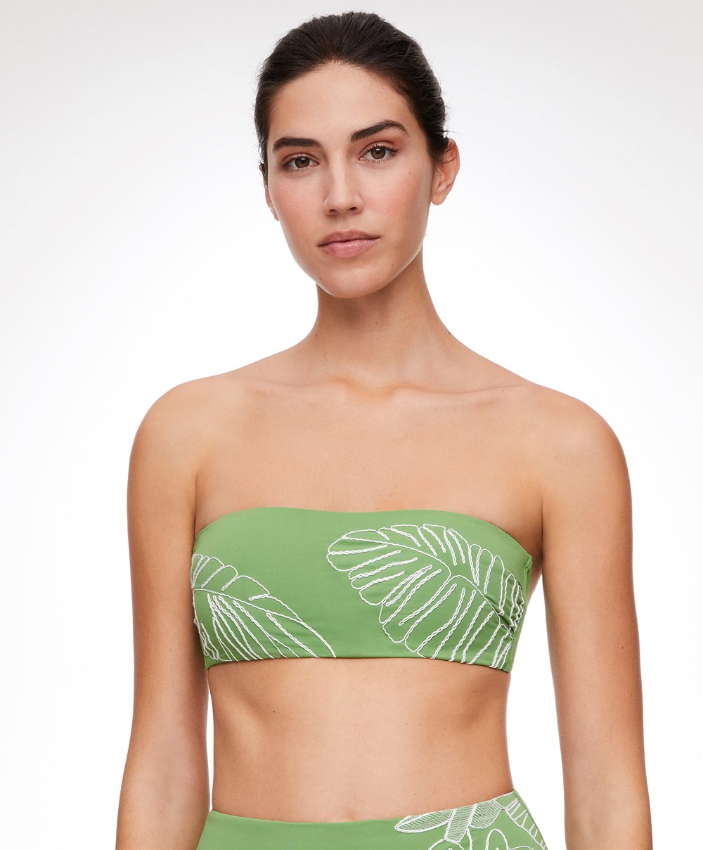 Oysho Embroidered Bandeau Bikini Top Zöld | MGIAZU-260