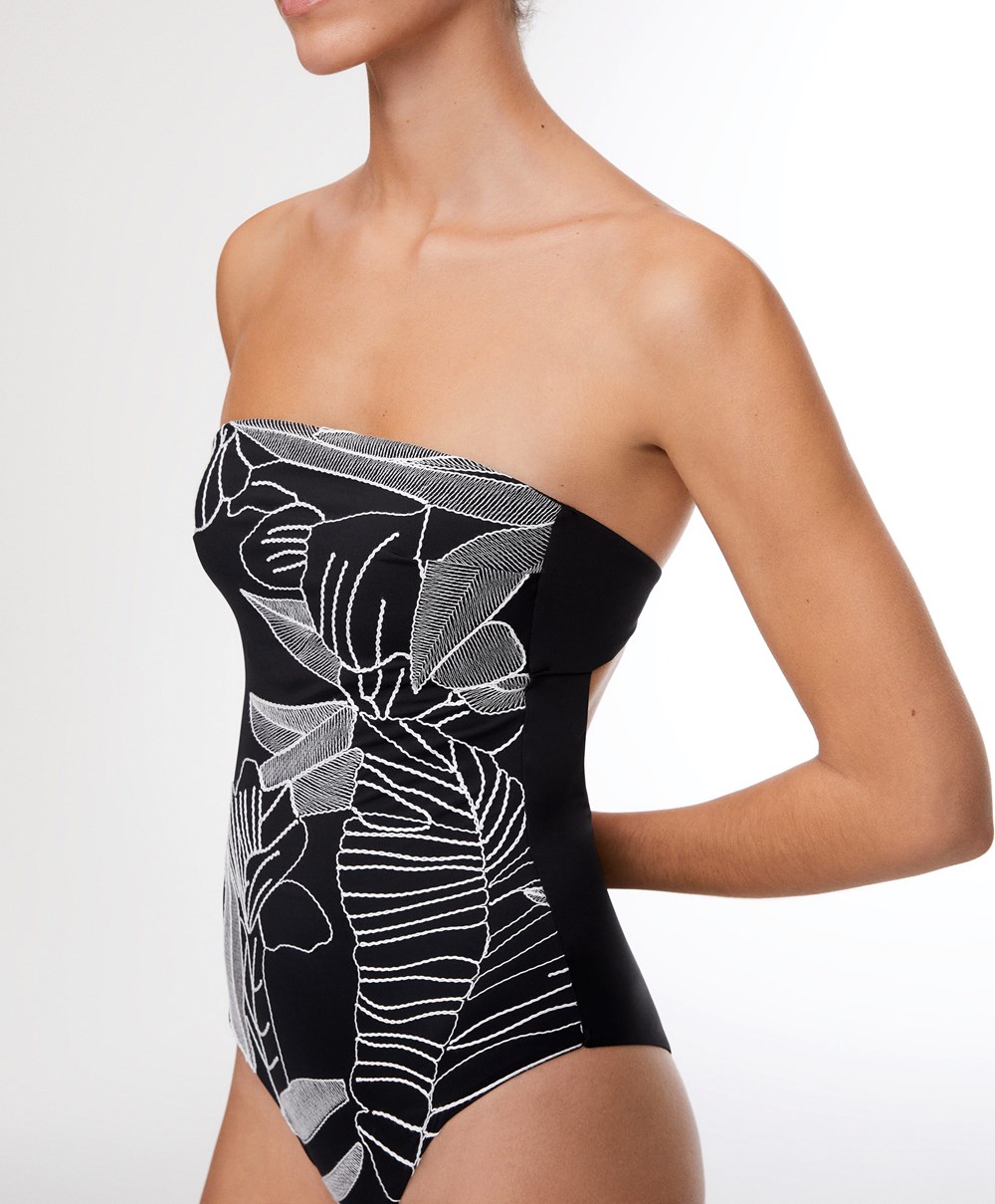 Oysho Embroidered Bandeau Swimsuit Fekete | AGQILM-276