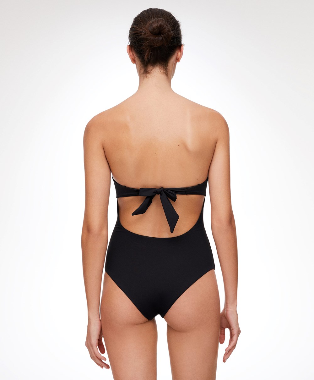 Oysho Embroidered Bandeau Swimsuit Fekete | AGQILM-276