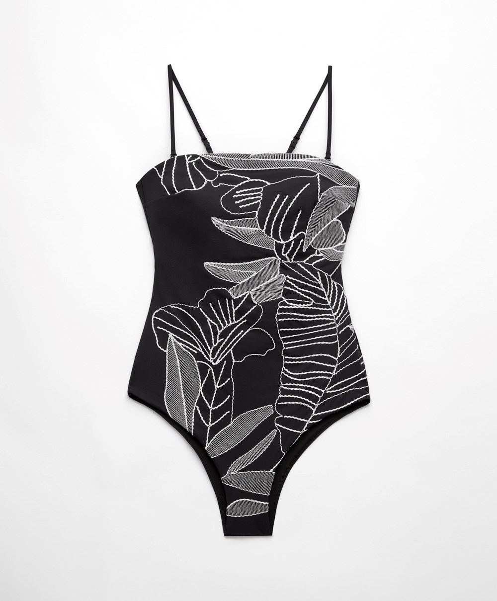 Oysho Embroidered Bandeau Swimsuit Fekete | AGQILM-276