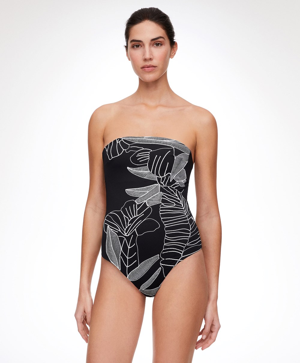 Oysho Embroidered Bandeau Swimsuit Fekete | AGQILM-276