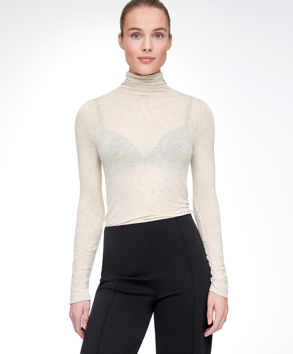 Oysho Extra-fine Long-sleeved T-shirt With High Neck Sand Melange | FKDLSY-420