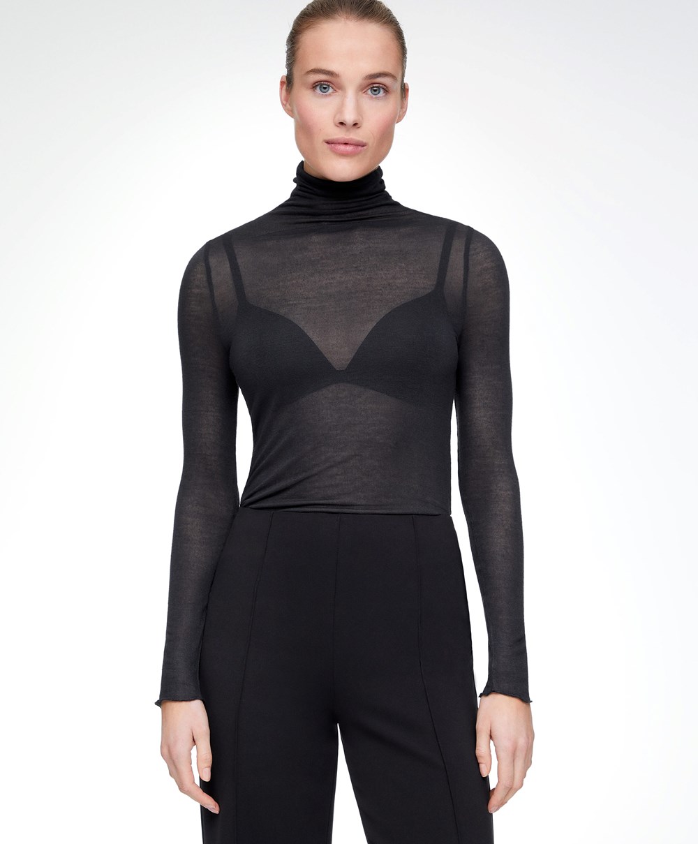 Oysho Extra-fine Long-sleeved T-shirt With High Neck Anthracite | NUDZWP-134