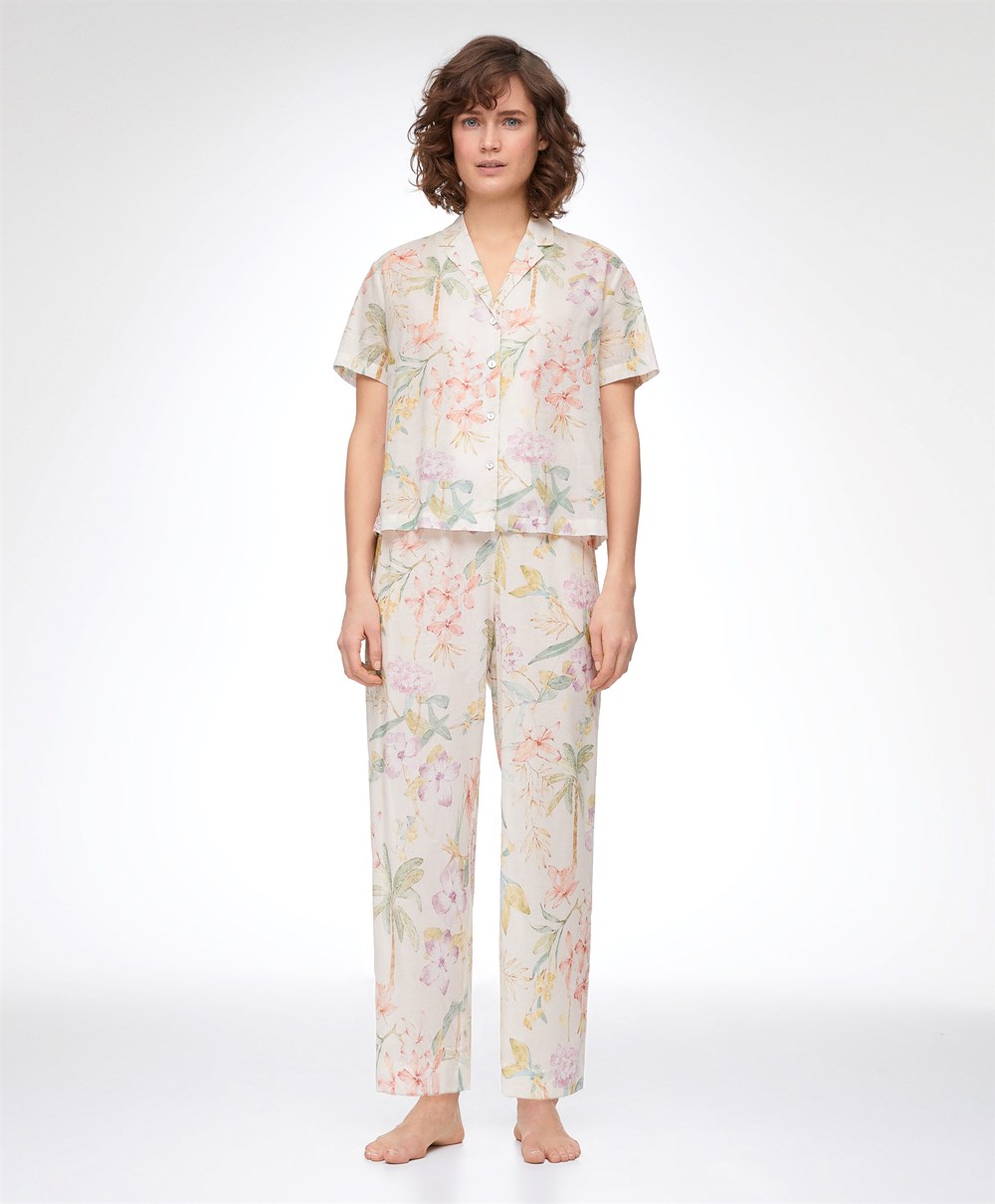 Oysho Floral 100% Pamut Rövid-sleeved Shirt Vanilla | FOLTJZ-154