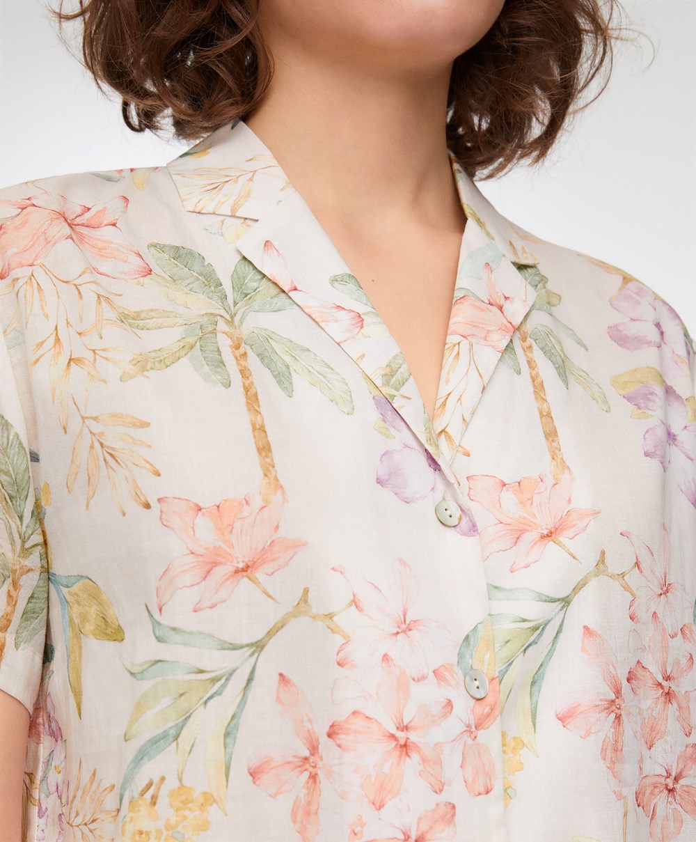 Oysho Floral 100% Pamut Rövid-sleeved Shirt Vanilla | FOLTJZ-154