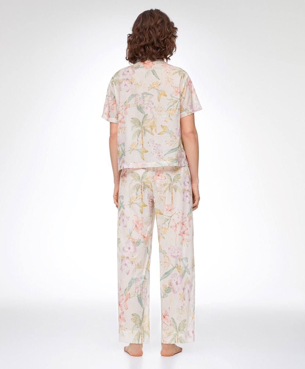 Oysho Floral 100% Pamut Rövid-sleeved Shirt Vanilla | FOLTJZ-154