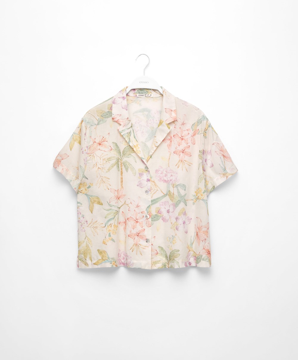 Oysho Floral 100% Pamut Rövid-sleeved Shirt Vanilla | FOLTJZ-154