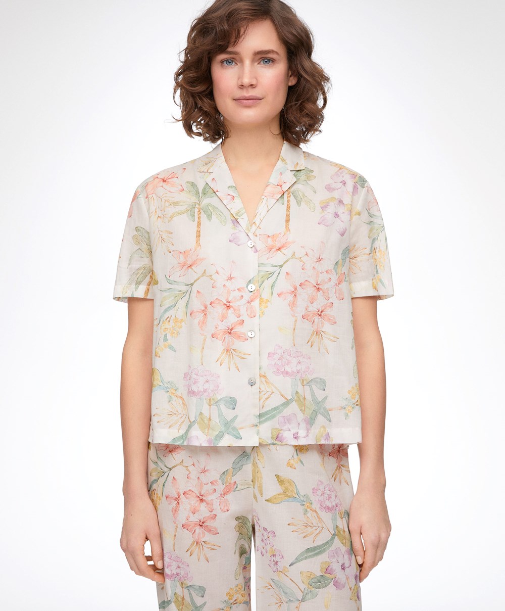 Oysho Floral 100% Pamut Rövid-sleeved Shirt Vanilla | FOLTJZ-154