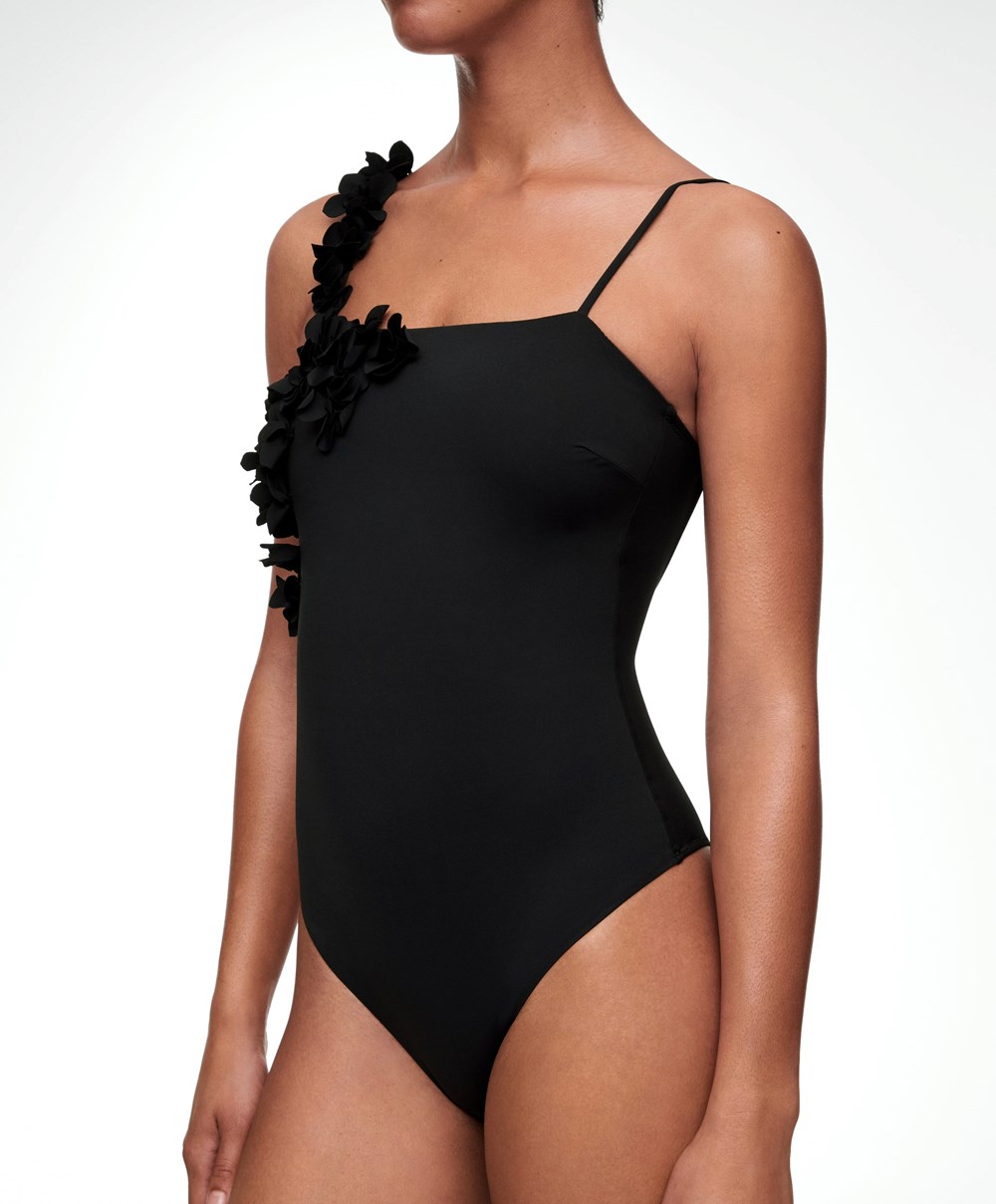 Oysho Floral Appliqué Bandeau Swimsuit Fekete | OZWFCG-971