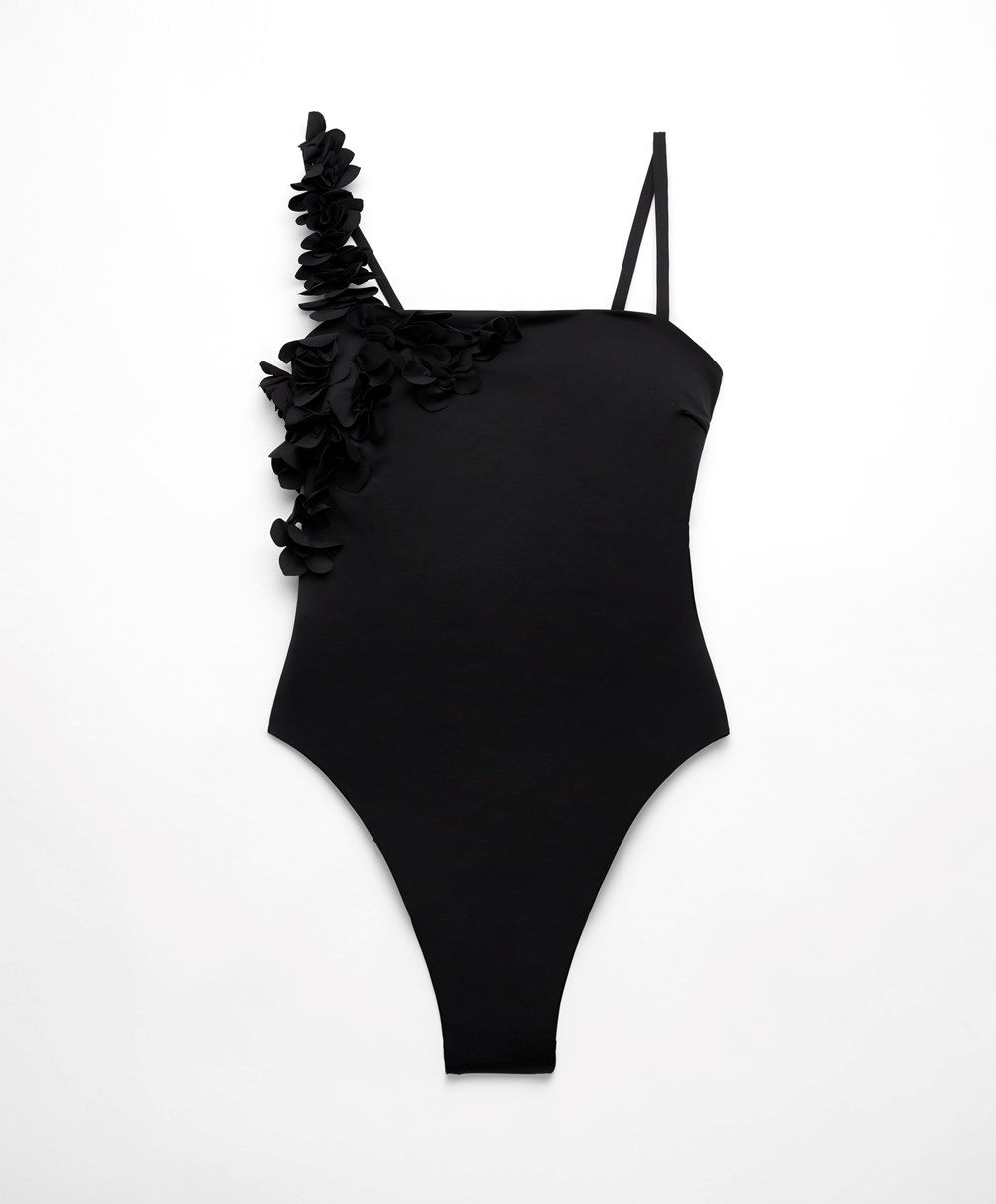 Oysho Floral Appliqué Bandeau Swimsuit Fekete | OZWFCG-971