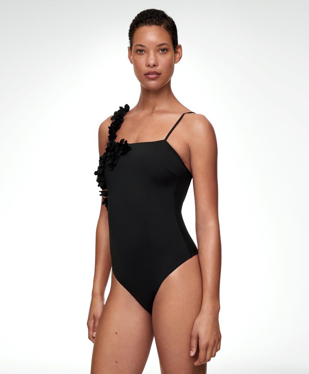 Oysho Floral Appliqué Bandeau Swimsuit Fekete | OZWFCG-971