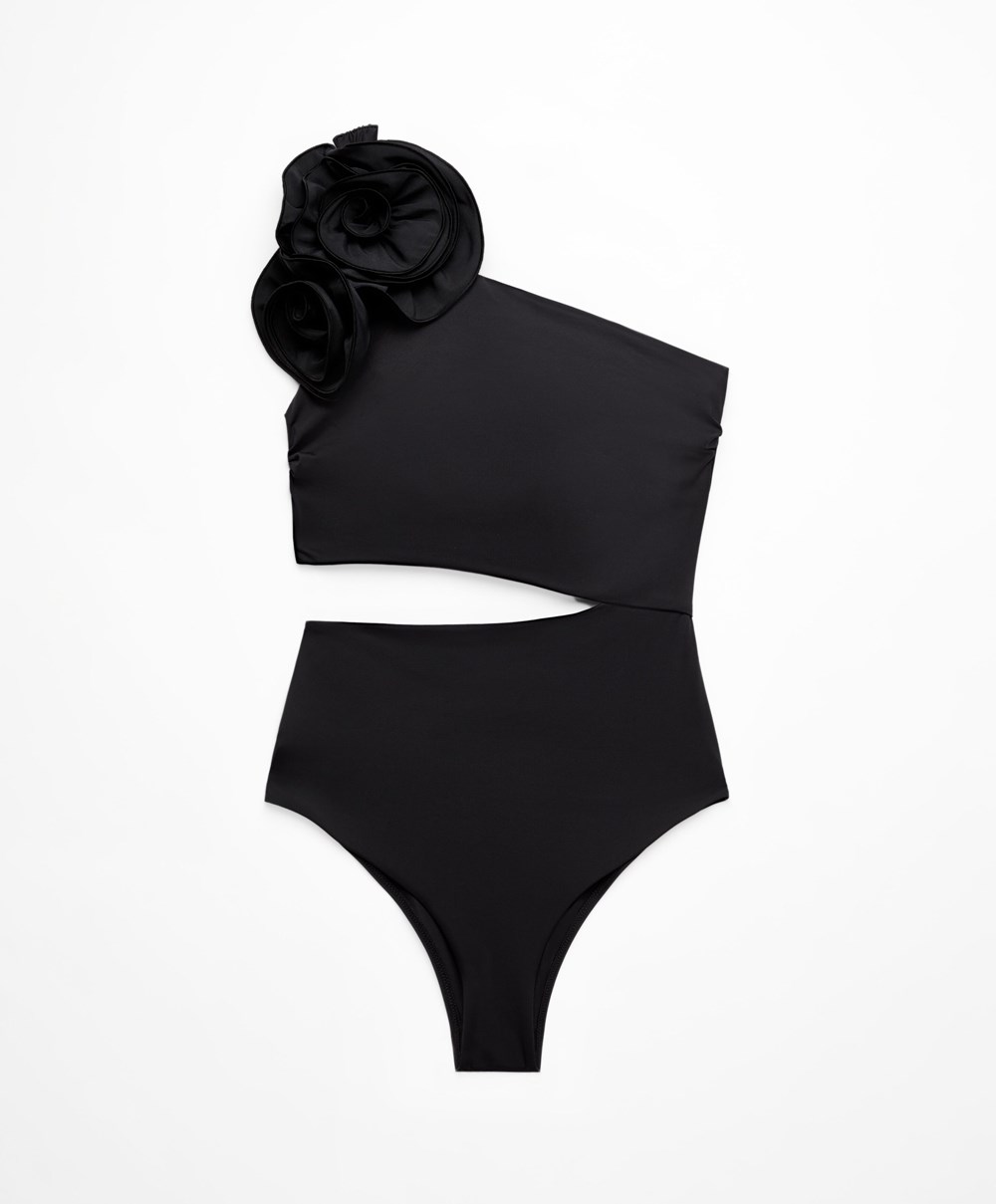 Oysho Floral Asymmetric Trikini Fekete | CAPRXB-360