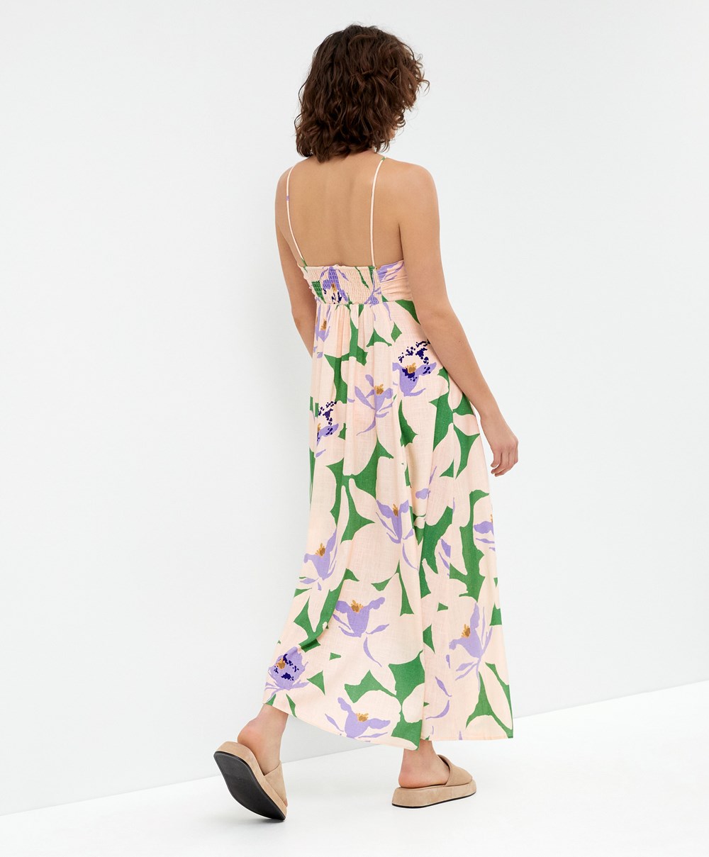 Oysho Floral Linen Pántos Long Ruha Zöld | MLDXHR-387