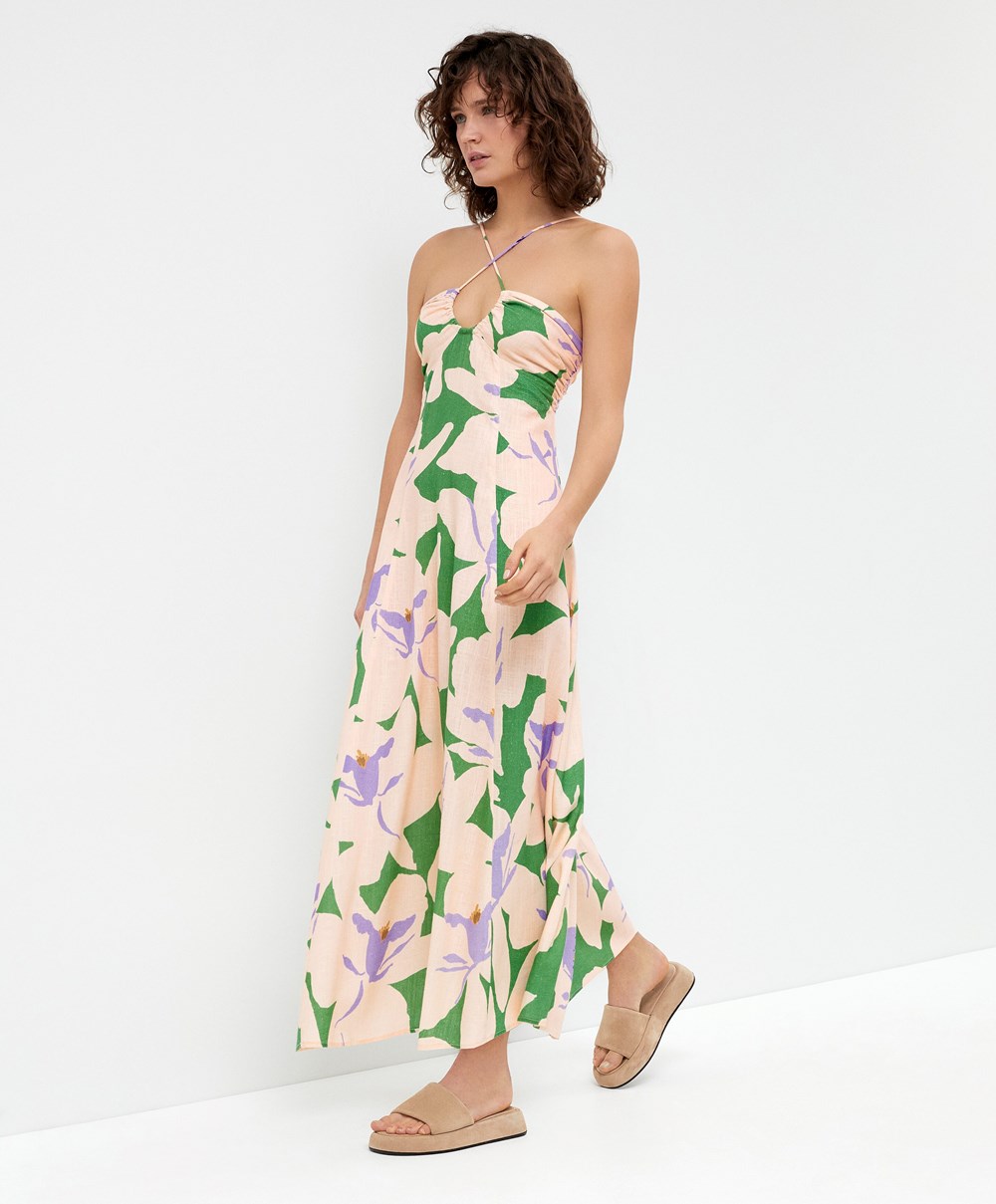 Oysho Floral Linen Pántos Long Ruha Zöld | MLDXHR-387