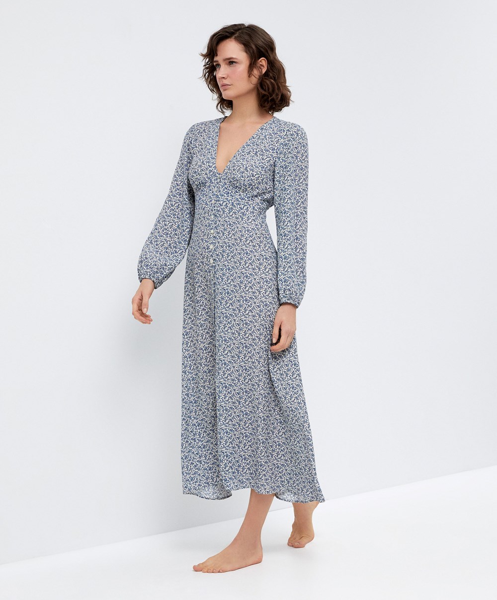 Oysho Floral Long-sleeved Midi Ruha Ecru | ZIOXNQ-109