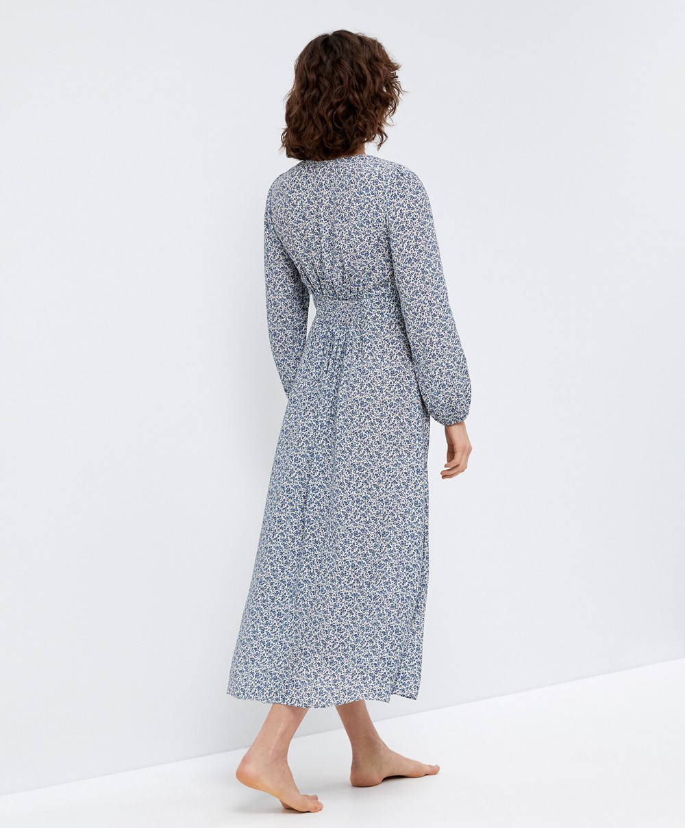 Oysho Floral Long-sleeved Midi Ruha Ecru | ZIOXNQ-109