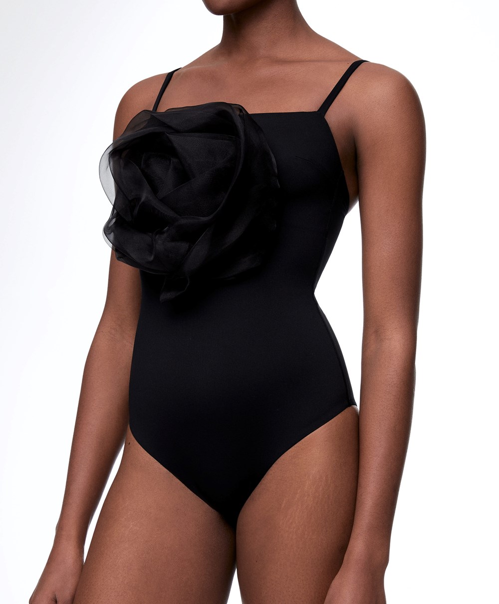 Oysho Floral Organza Swimsuit Fekete | BUNWGH-029