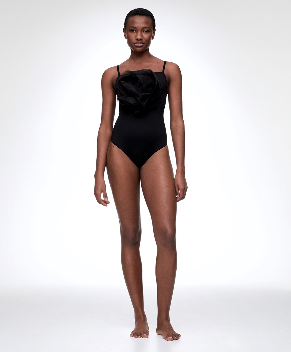 Oysho Floral Organza Swimsuit Fekete | BUNWGH-029